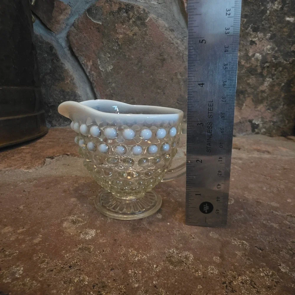 Fenton Hobnail Opalescent Milk Glass Footed Creamer Vintage Clear White Pitcher
